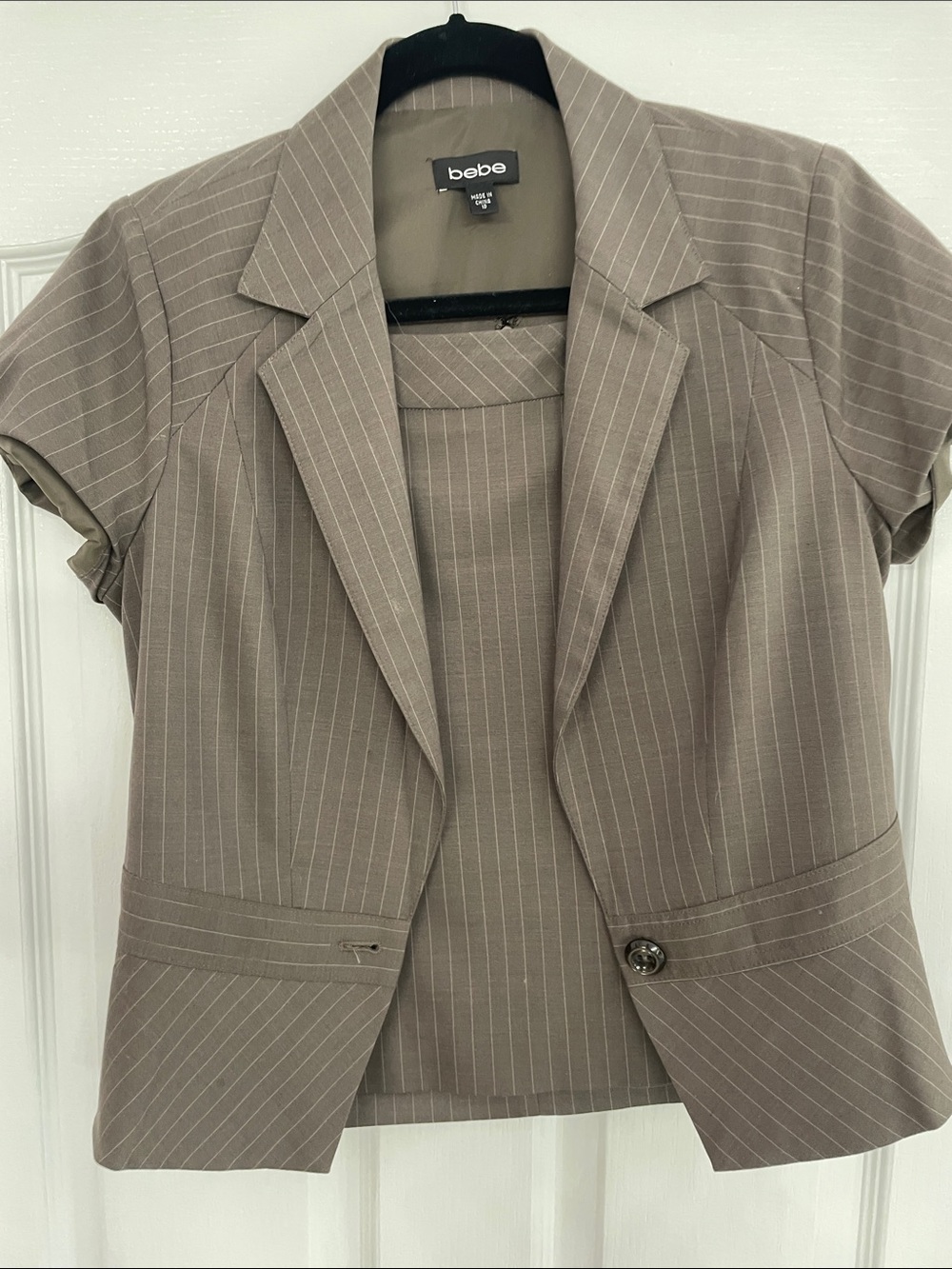 bebe Taupe Pinstripe Short Sleeve Blazer